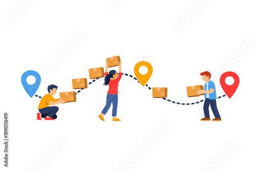 Workers moving boxes between locations in a logistics process during daytime while collaborating as a team to complete their tasks efficiently