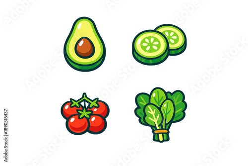 Collection of sliced vegetables and fruits showing avocado, cucumber, tomatoes, and spinach on a white background