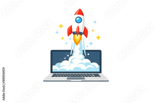 Rocket takes off from laptop in a digital space setting illustrating innovation and technology advancement