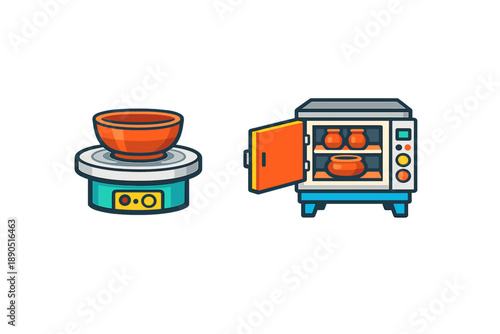 Ceramic pottery being created with a pottery wheel and fired in a kiln