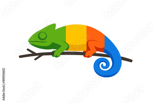 Colorful chameleon sits on a branch with bright colors in an artistic design showing its unique shape and features in a simple style