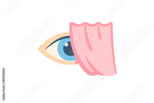 Creative design of a closed eye with a pink curtain draping over it, showing a simple and clean visual style on a plain background
