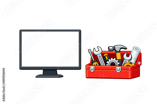 Tools arranged in a red toolbox next to a blank computer screen set in a simple workspace with a clean background