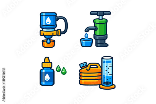 Different tools and containers for handling and measuring liquids in a simple flat design