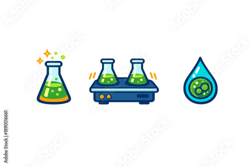 Laboratory setup showing flasks with green liquid, a heating plate with multiple flasks, and a droplet with cells, created for a science experiment
