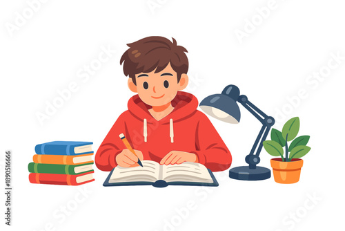 Boy studies at a desk with books and a lamp while writing notes in a notebook during the evening