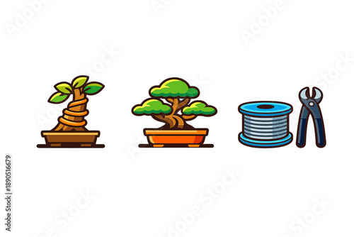 Bonsai trees, gardening tools, and supplies are arranged in a simple layout showing elements of plant care and maintenance at a local gardening shop