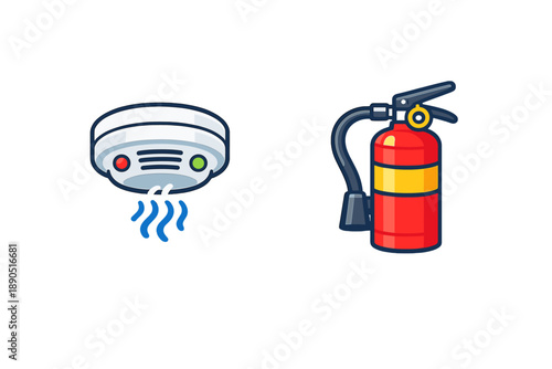 Smoke detector and fire extinguisher shown together to promote safety at home and workplace for fire prevention and protection
