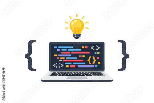 Coding session shows a laptop with colorful code and a light bulb above it, representing ideas and innovation happening in a tech workspace