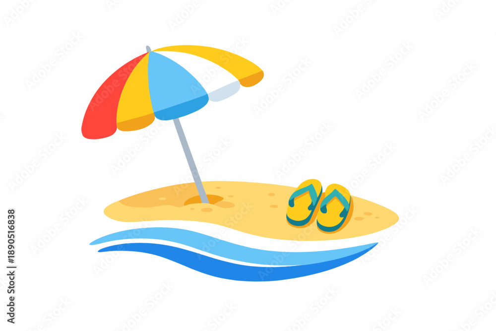 Naklejka premium Colorful beach umbrella with flip-flops on sandy shore near ocean wave during sunny day highlights summer vibes and relaxation for beachgoers