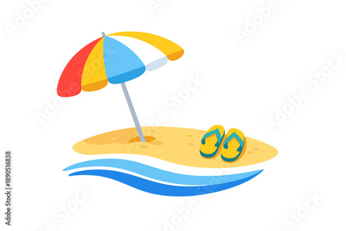 Colorful beach umbrella with flip-flops on sandy shore near ocean wave during sunny day highlights summer vibes and relaxation for beachgoers