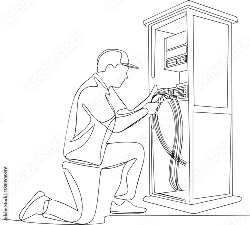 Man kneeling beside vending machine, inspecting internal mechanisms with tools, illustration, side view