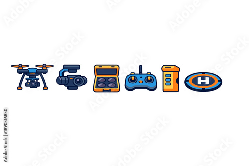 Equipment used for aerial photography and gaming in a modern setting showing various devices on a plain background
