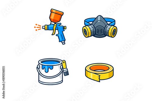 Tools used for painting projects including a spray gun, respirator mask, paint can, and tape organized on a white background