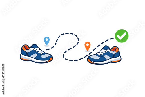 Illustration shows two shoes with location markers and a path connecting them to represent a journey or distance covered between points