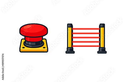Red button and barrier structure used for games or activities in a fun environment during daylight