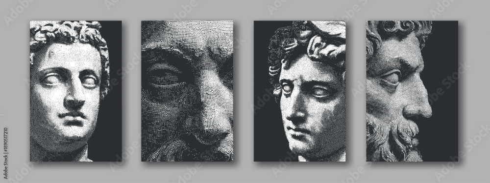 Fototapeta premium Engraving statue face. Greek roman mythology god, italian antique vintage portrait renaissance artwork david sculpture laocoon myth old money halftone posters vector illustration
