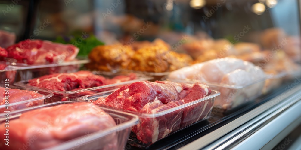 Fototapeta premium Variety of fresh meat cuts in display case at butcher shop