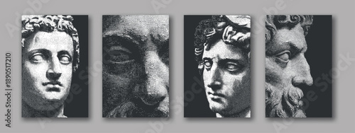 Engraving statue face. Greek roman mythology god, italian antique vintage portrait renaissance artwork david sculpture laocoon myth old money halftone posters vector illustration