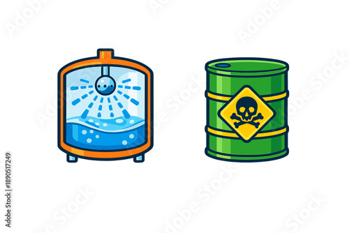 Water tank and hazardous waste barrel show different storage methods for liquids in industrial settings
