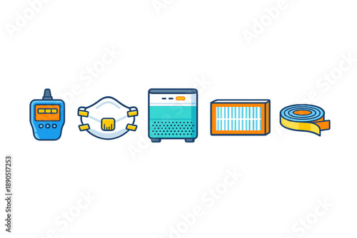 Various tools for air quality improvement, featuring a speaker, face mask, air purifier, filter, and tape lined up on a flat surface