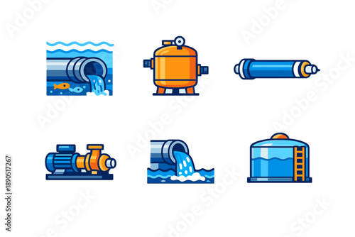 Water treatment process shows different components like pipes, tanks, and pumps in an illustrated design around water management systems