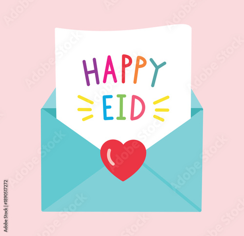 Vector cartoon flat illustration of an envelope with heart and Happy Eid text. Festive design for Islamic holidays Eid al Fitr and Eid al Adha, greeting cards, banners and social media.
