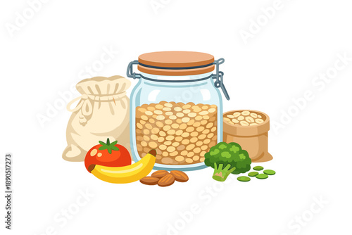 Fresh ingredients for healthy cooking with nuts, grains, and vegetables in a kitchen setting