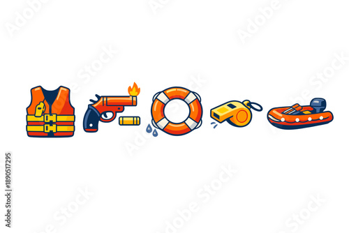Safety equipment and items for water activities displayed in a simple design on a white background