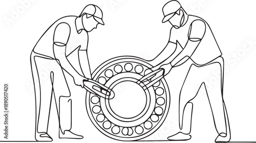 Two technicians collaborating to install a large industrial bearing in a machinery setup from a side viewpoint