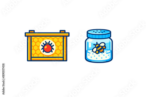 Bee hive with bees inside is shown next to a jar containing honey in a simple design in a bright color scheme