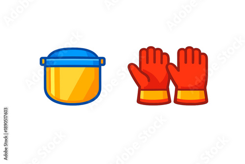 Safety gear for workers includes a face shield and gloves used in various industrial settings during the day