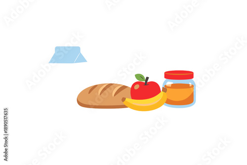Bread, fruit, and spread set on a table with milk carton nearby during breakfast time in a kitchen