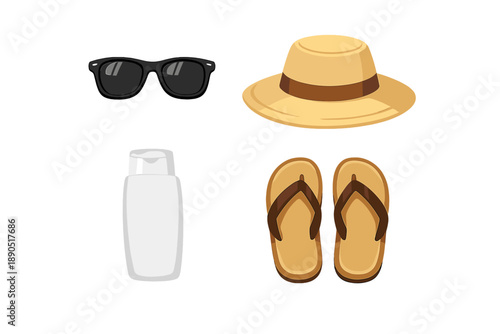 Items for a day at the beach with sunglasses, a hat, suntan lotion, and sandals ready for sunny weather