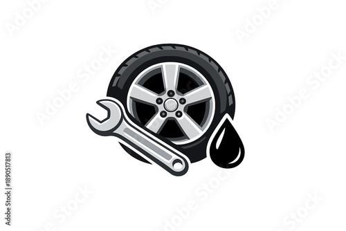 Wheel and wrench with an oil drop in a simple graphic showing car maintenance tools and items