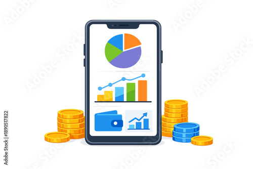 Visual representation of financial data on a smartphone screen with coins beside it for budgeting and investment tracking