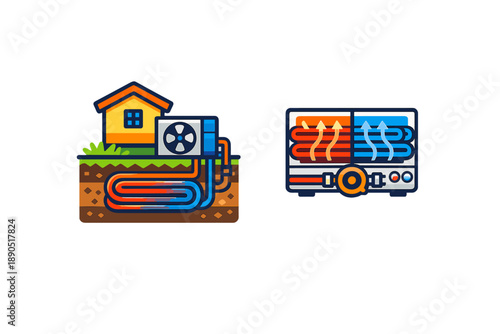 Geothermal heating system design with house and heating unit showing different components and structure for efficient energy use