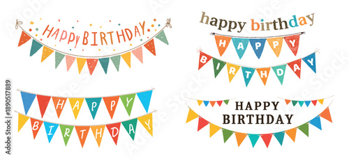 Happy birthday bunting. Paper garland flag banner, hanging pennant text party celebration anniversary carnival festive decorative adorn congratulation placard vector illustration