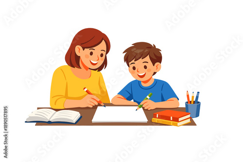 Mom and child enjoy drawing and learning at the table with books and art supplies during a weekend afternoon at home
