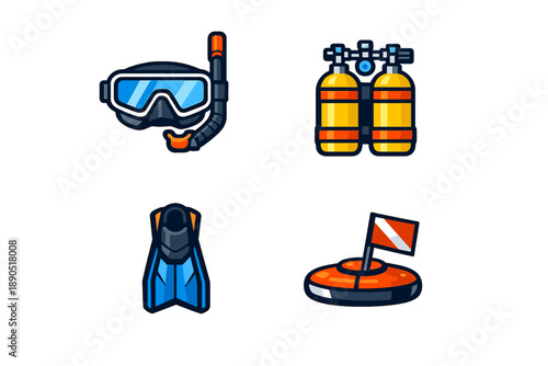 Diving gear setup includes snorkel, scuba tanks, fins, and dive flag for underwater exploration in clear waters
