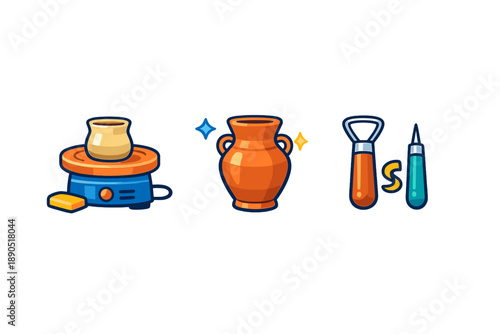 Pottery making involves a pottery wheel, different tools, and finished items to create unique pieces in a studio setting