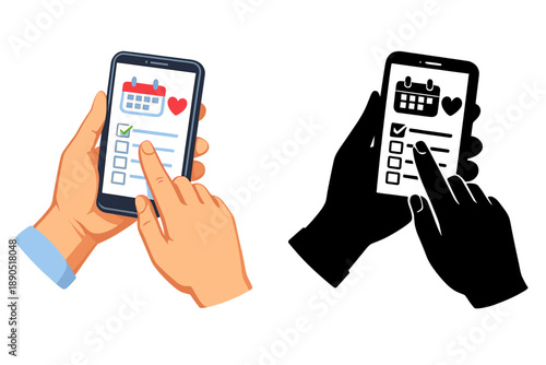 Hands using a smartphone to fill out a checklist with a calendar and heart symbols for planning or organizing tasks and schedules