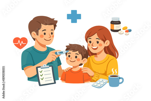 Family checks child's health at home with thermometer and medicine in morning routine during winter