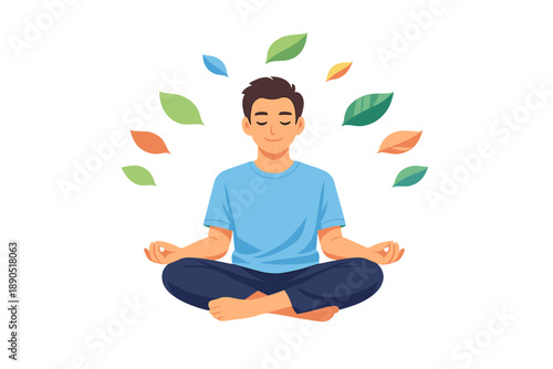 Man meditating with floating leaves in a simple design during daytime in a calm setting