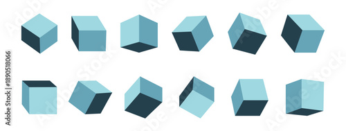 Collection of isometric abstract 3D cubes in different sides. Minimal geometric three dimensional vector shapes isolated on white background for business design, presentation layouts, web and creative