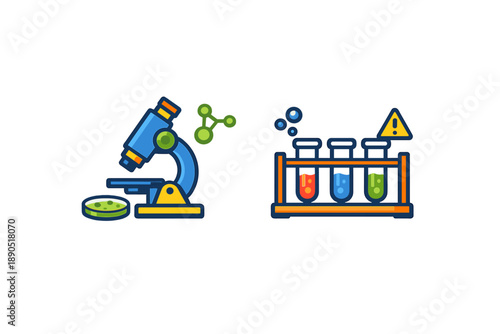 Microscope and test tubes display science activities in a laboratory setting with scientific tools and equipment used for experiments and analysis