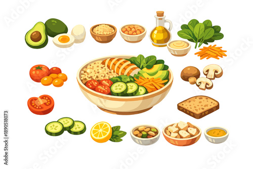 Healthy meal layout featuring various food items including vegetables, grains, and protein sources for nutritious dining experience