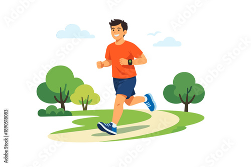 Young person runs on a path in a park during daytime with trees and clouds in the background