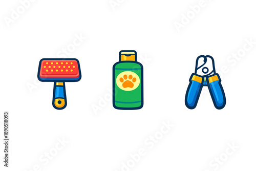 Tools for pet grooming arranged in a row showing a brush, shampoo bottle, and nail clippers for animal care