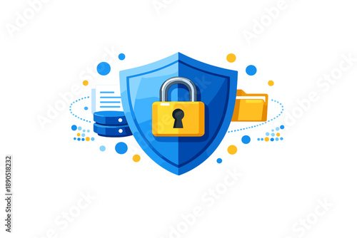 Shield graphic showing a padlock with database and folder icons representing data protection and security measures in digital spaces